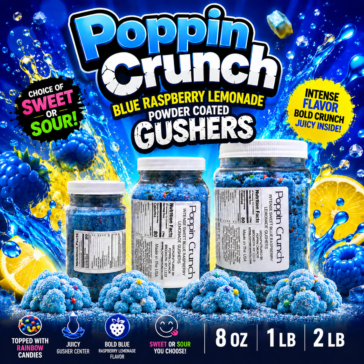 Poppin Crunch Intense Blue Raspberry Lemonade Gushers - Choice of Swee