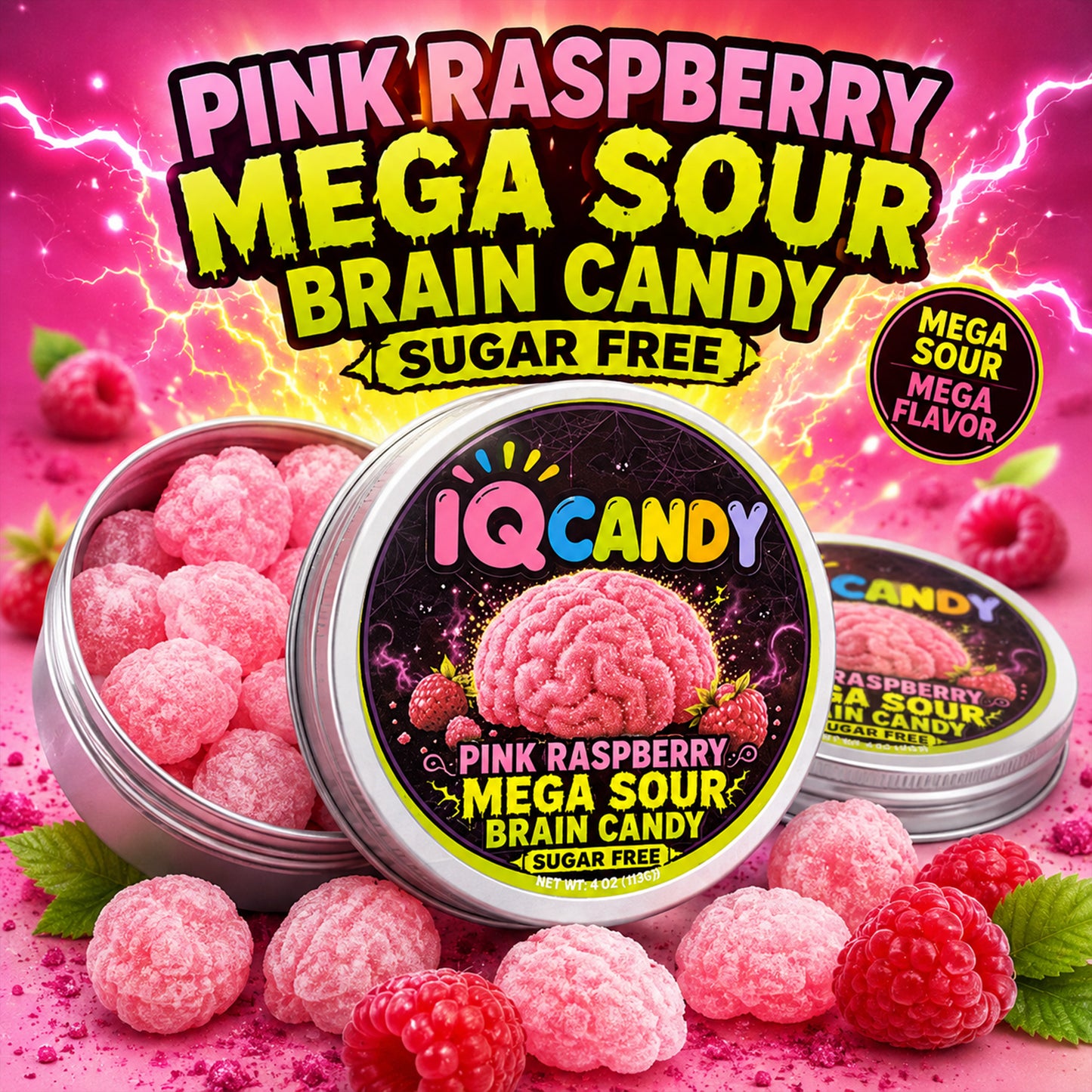 IQ Candy Sugar Free Mega Sour Pink Raspberry Brain Hard Candy