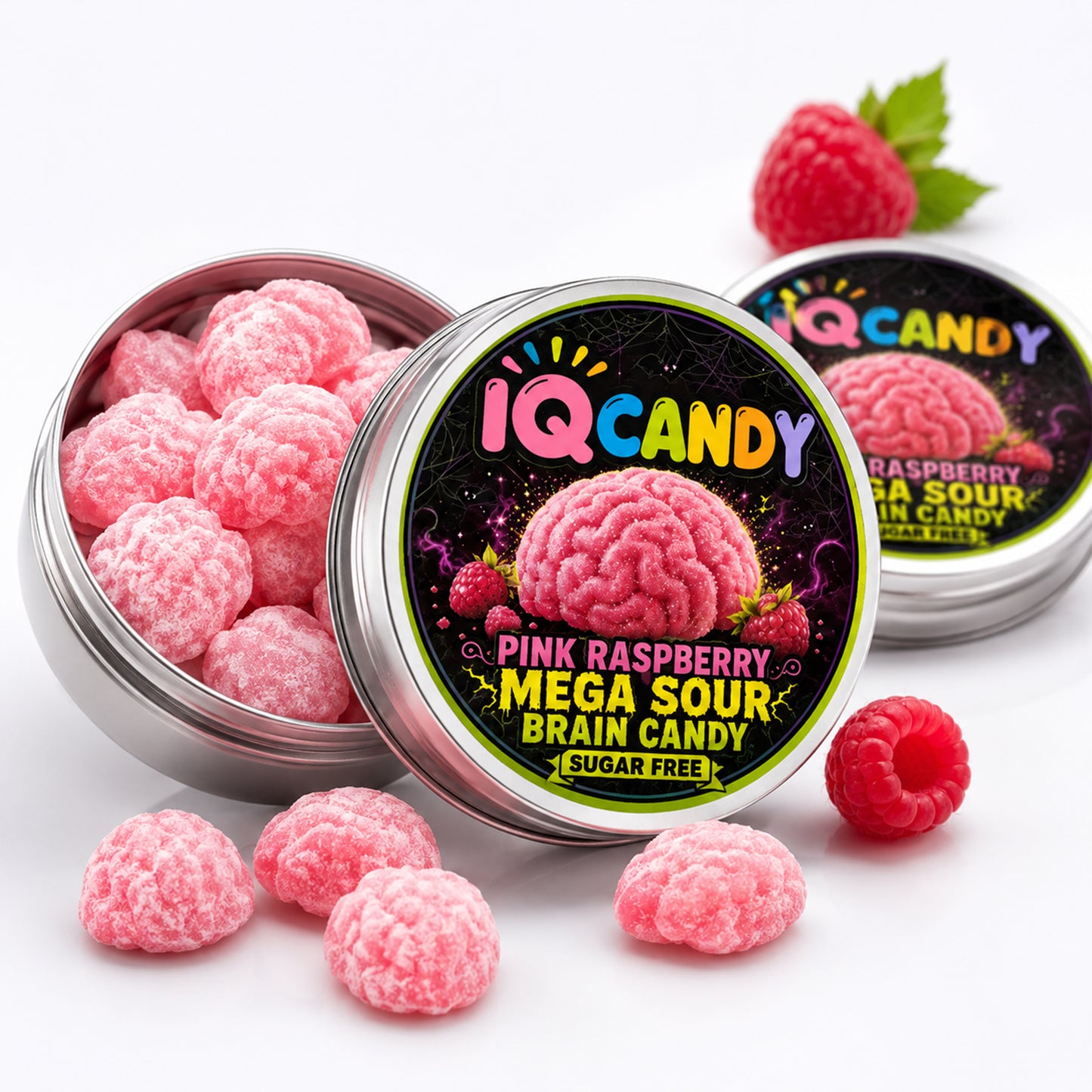IQ Candy Sugar Free Mega Sour Pink Raspberry Brain Hard Candy