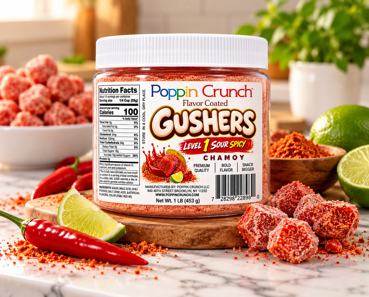 Poppin Crunch 5-Level Sour Spicy Chamoy Flavor-Coated Gushers – 1 LB