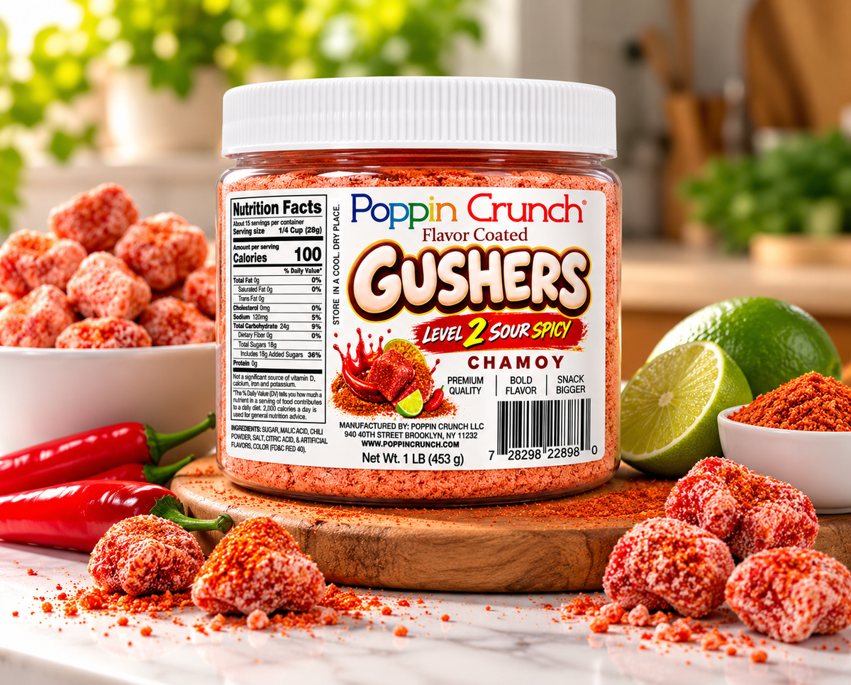 Poppin Crunch 5-Level Sour Spicy Chamoy Flavor-Coated Gushers – 1 LB