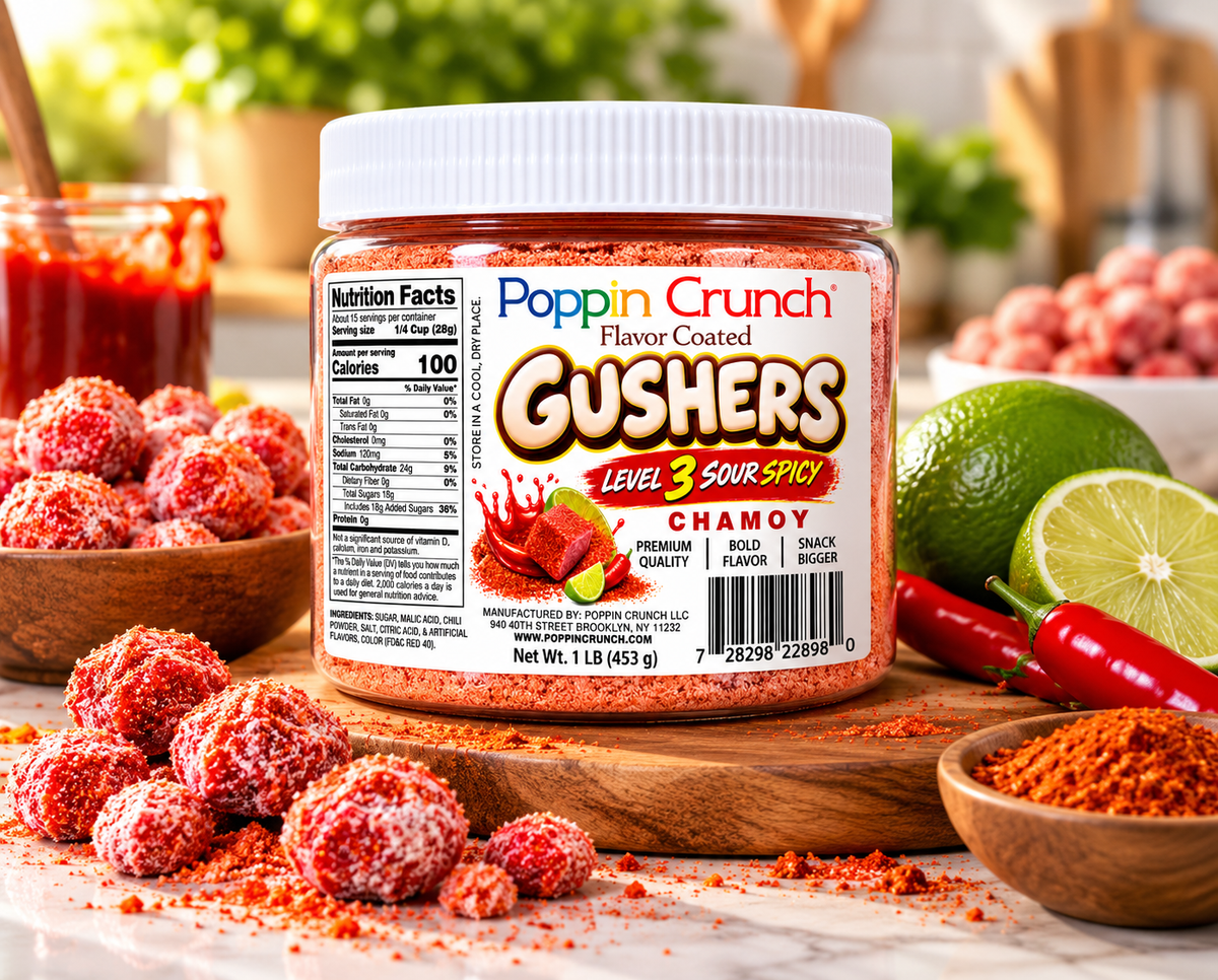 Poppin Crunch 5-Level Sour Spicy Chamoy Flavor-Coated Gushers – 1 LB