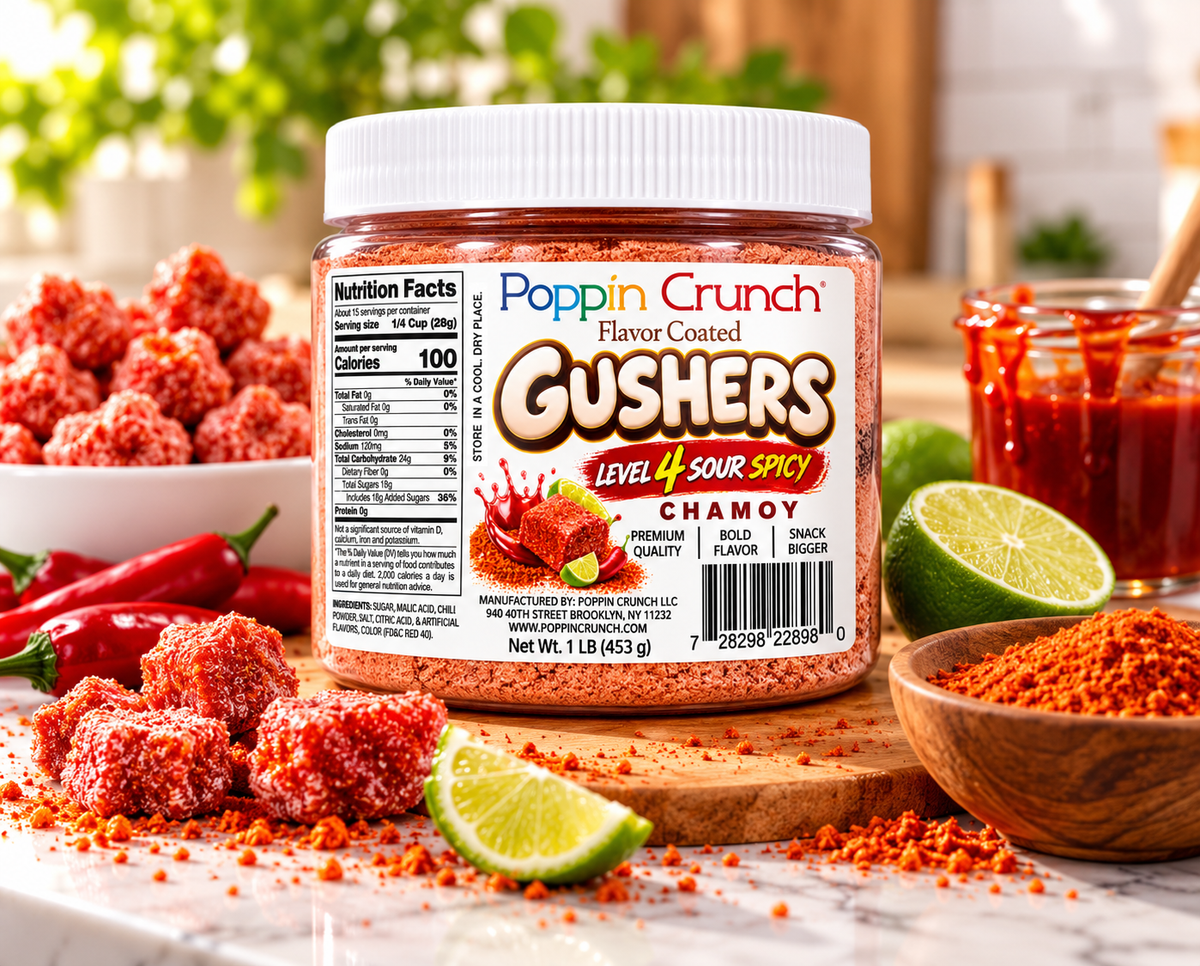 Poppin Crunch 5-Level Sour Spicy Chamoy Flavor-Coated Gushers – 1 LB