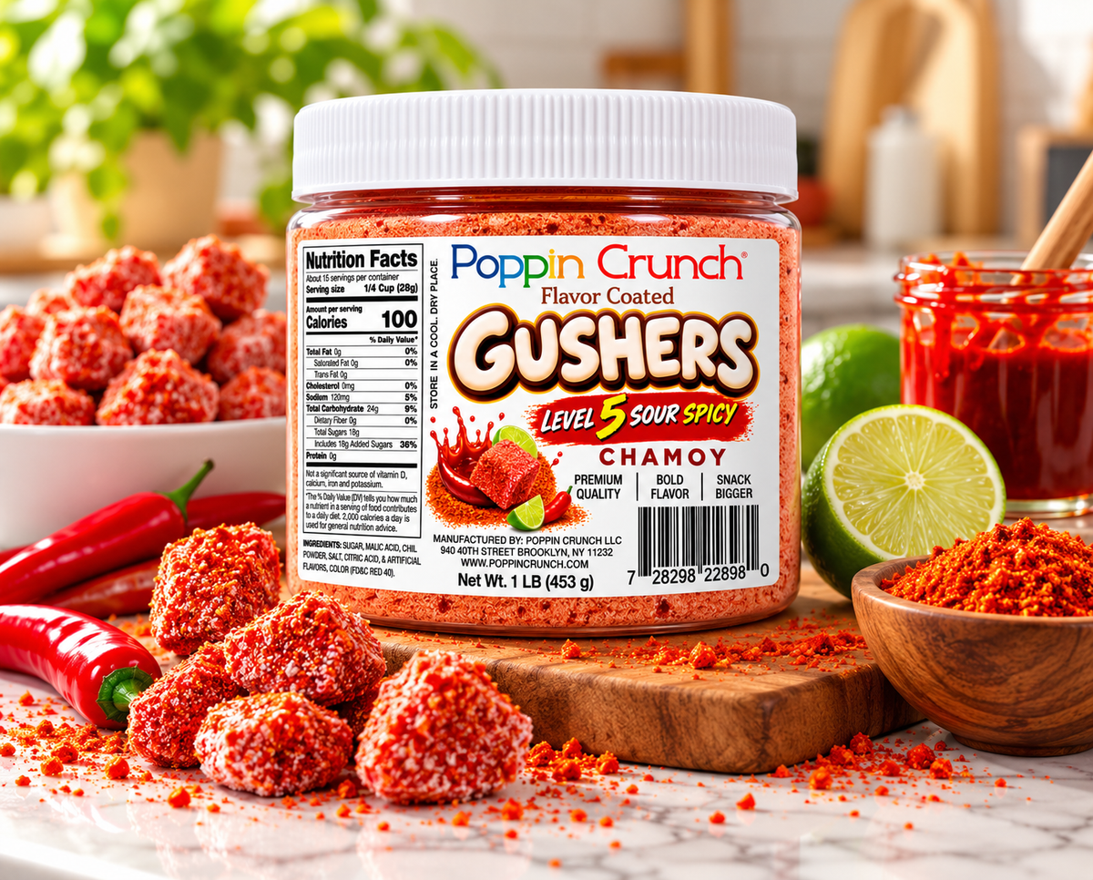 Poppin Crunch 5-Level Sour Spicy Chamoy Flavor-Coated Gushers – 1 LB