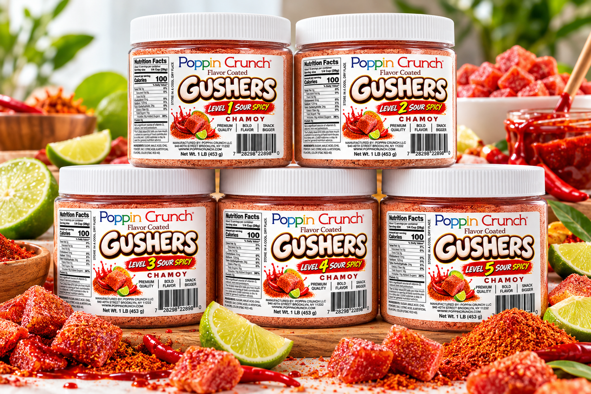 Poppin Crunch 5-Level Sour Spicy Chamoy Flavor-Coated Gushers – 1 LB