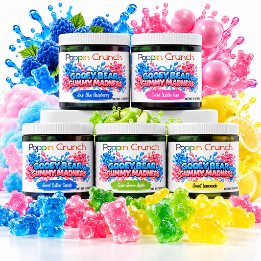 Poppin Crunch Gooey Bear Gummy Madness – Flavor-Infused Gummy Bears | 8 Delicious Flavors | Sweet or Sour | 12 oz Jar