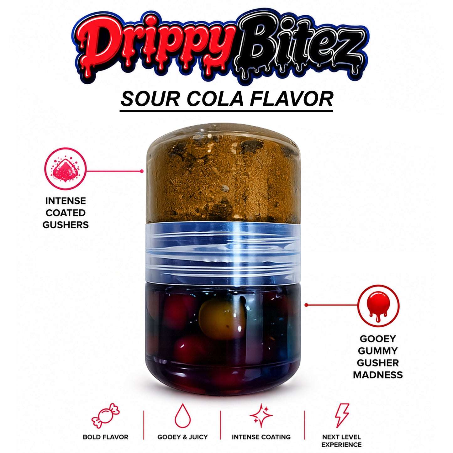 Drippy Bitez Combo – Gooey Gummy Gusher Madness & Intense Powder Coated Gushers Candy Mix – Sweet, Sour, Juicy & Flavor Packed Treat