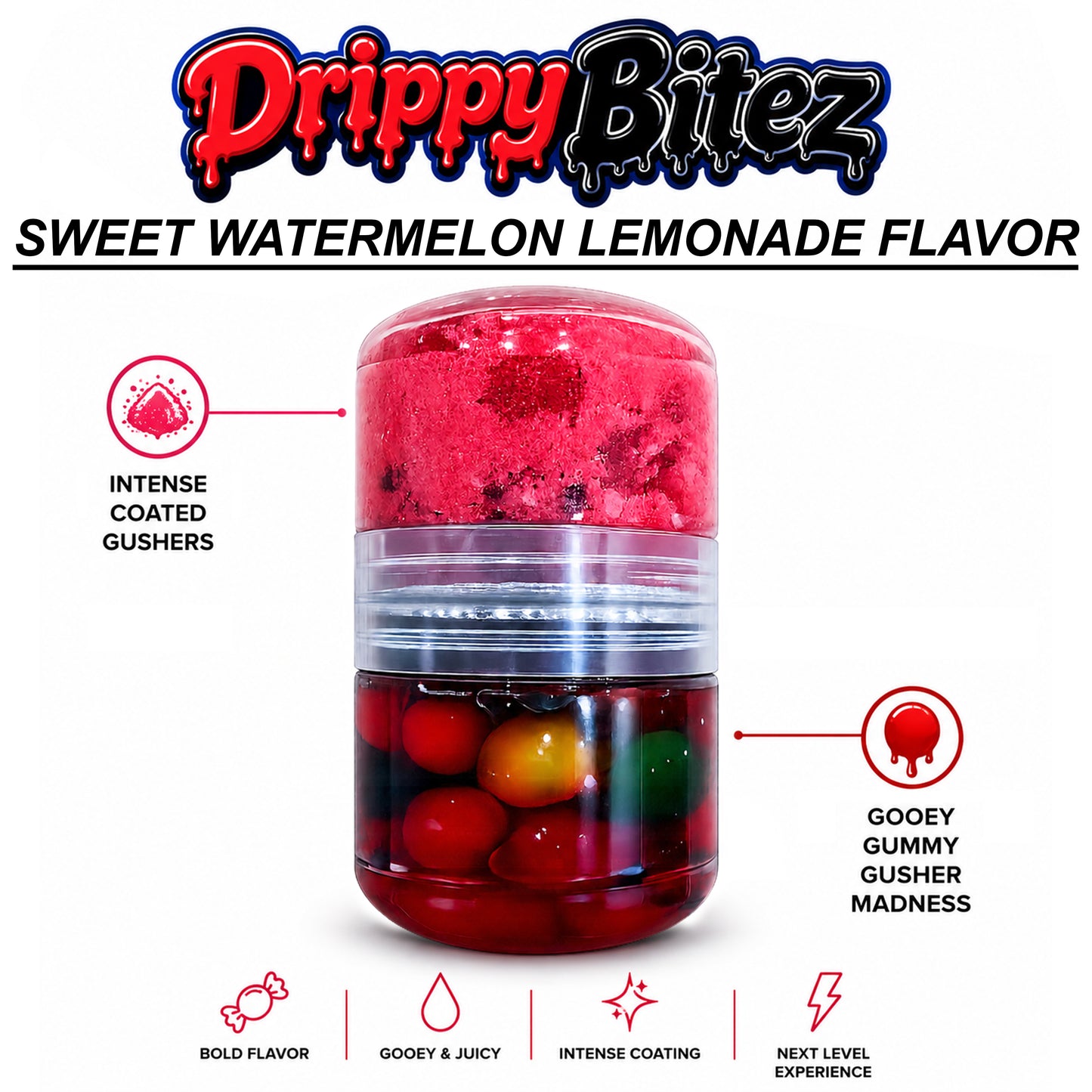 Drippy Bitez Combo – Gooey Gummy Gusher Madness & Intense Powder Coated Gushers Candy Mix – Sweet, Sour, Juicy & Flavor Packed Treat