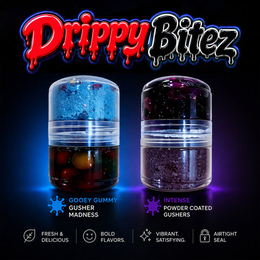 Drippy Bitez Combo – Gooey Gummy Gusher Madness & Intense Powder Coated Gushers Candy Mix – Sweet, Sour, Juicy & Flavor Packed Treat