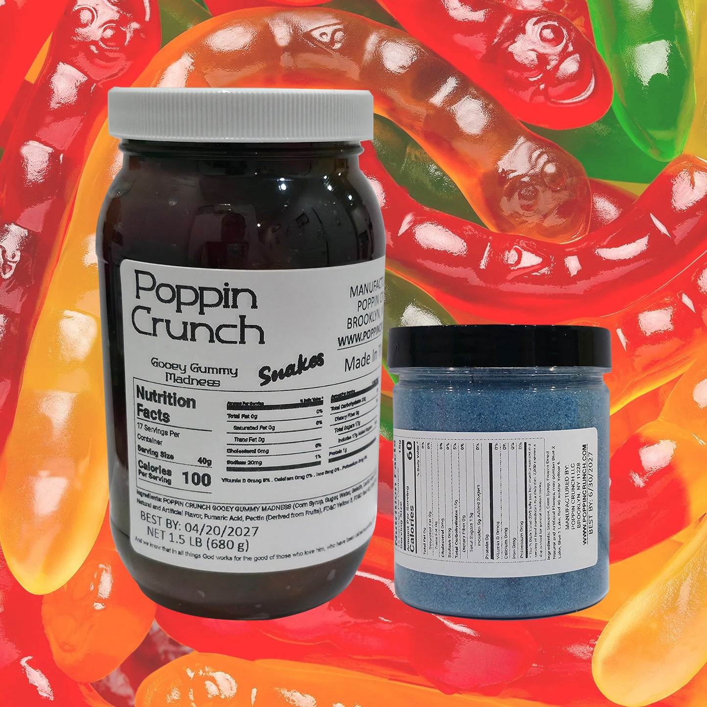 Poppin Crunch 1.5 LB Gooey Large Gummy Snake Madness Bundle Large Gummy Snakes Soaked In Gooey Liquid Candy - 40 Flavor Options