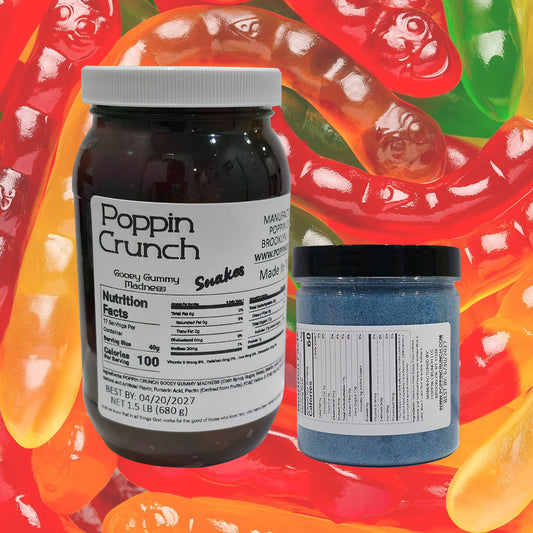 Poppin Crunch 1.5 LB Gooey Large Gummy Snake Madness Bundle Large Gummy Snakes Soaked In Gooey Liquid Candy - 40 Flavor Options