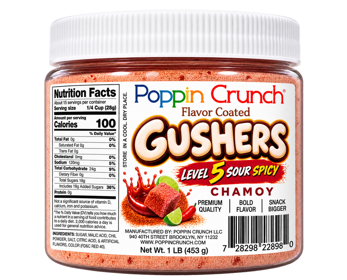 Poppin Crunch 5-Level Sour Spicy Chamoy Flavor-Coated Gushers – 1 LB