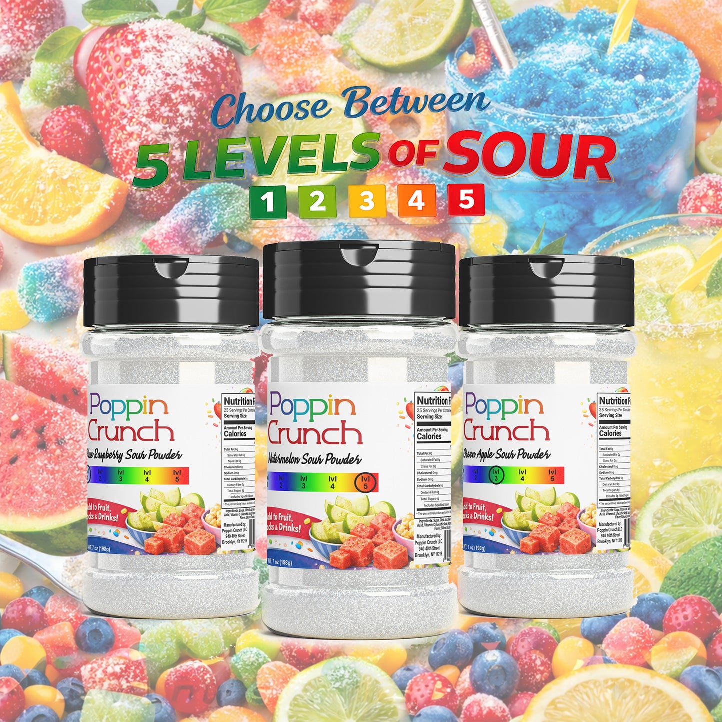 Poppin Crunch 7 Ounce Sour Dust, Sour Candy Powder, Sour Seasoning – 5 Levels of Sour. 11 Explosive Flavors.
