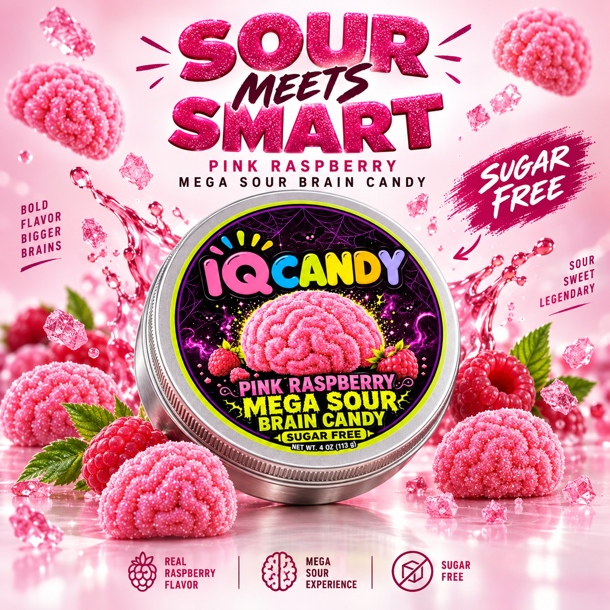 IQ Candy Sugar Free Mega Sour Pink Raspberry Brain Hard Candy