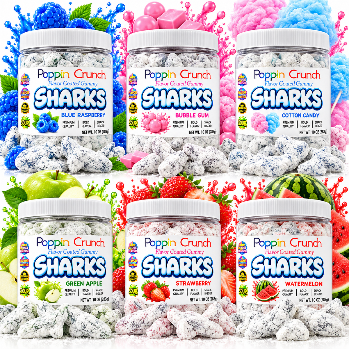 Poppin Crunch Flavor Coated Gummy Sharks – Intense Sweet & Sour Candy | Multiple Flavors | 10 oz